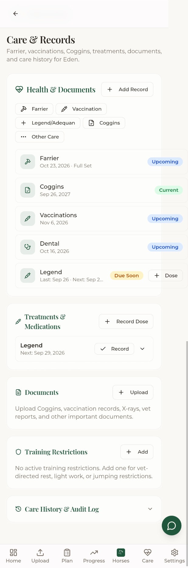Ride Better app — Care & records screen