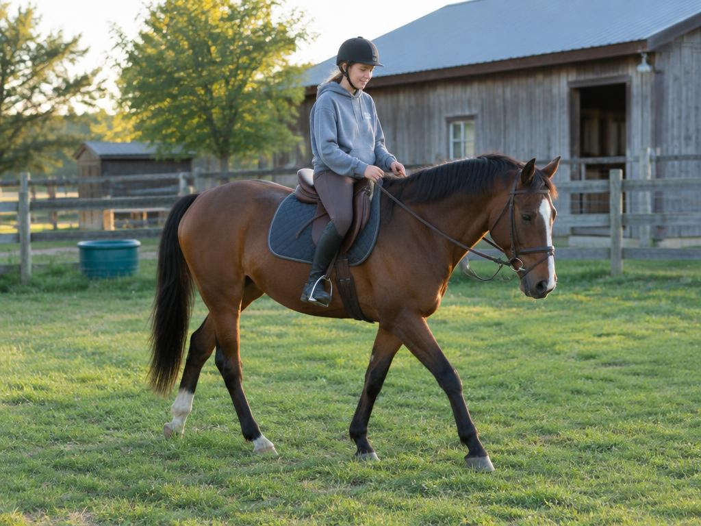 Backyard rider in a hoodie hacking a horse in a grassy paddock at home