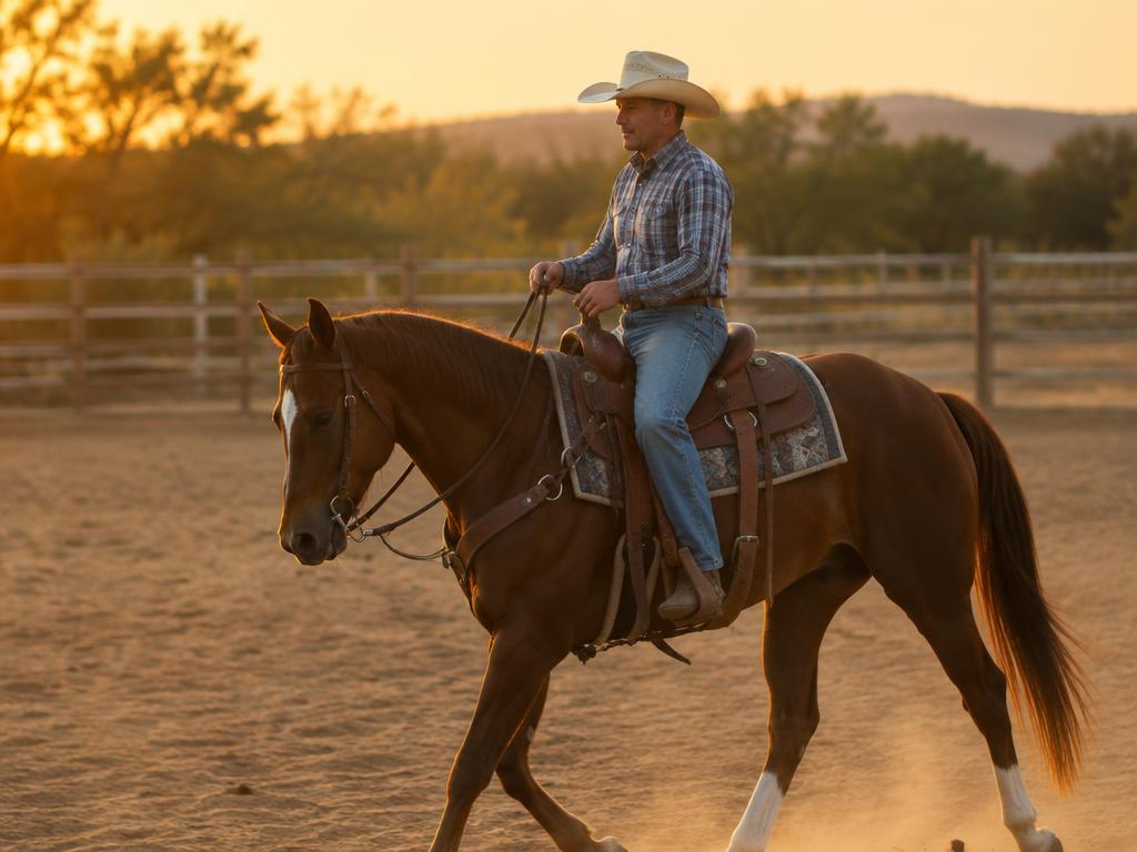 Western rider in a cowboy hat schooling a horse in a ranch arena at golden hour